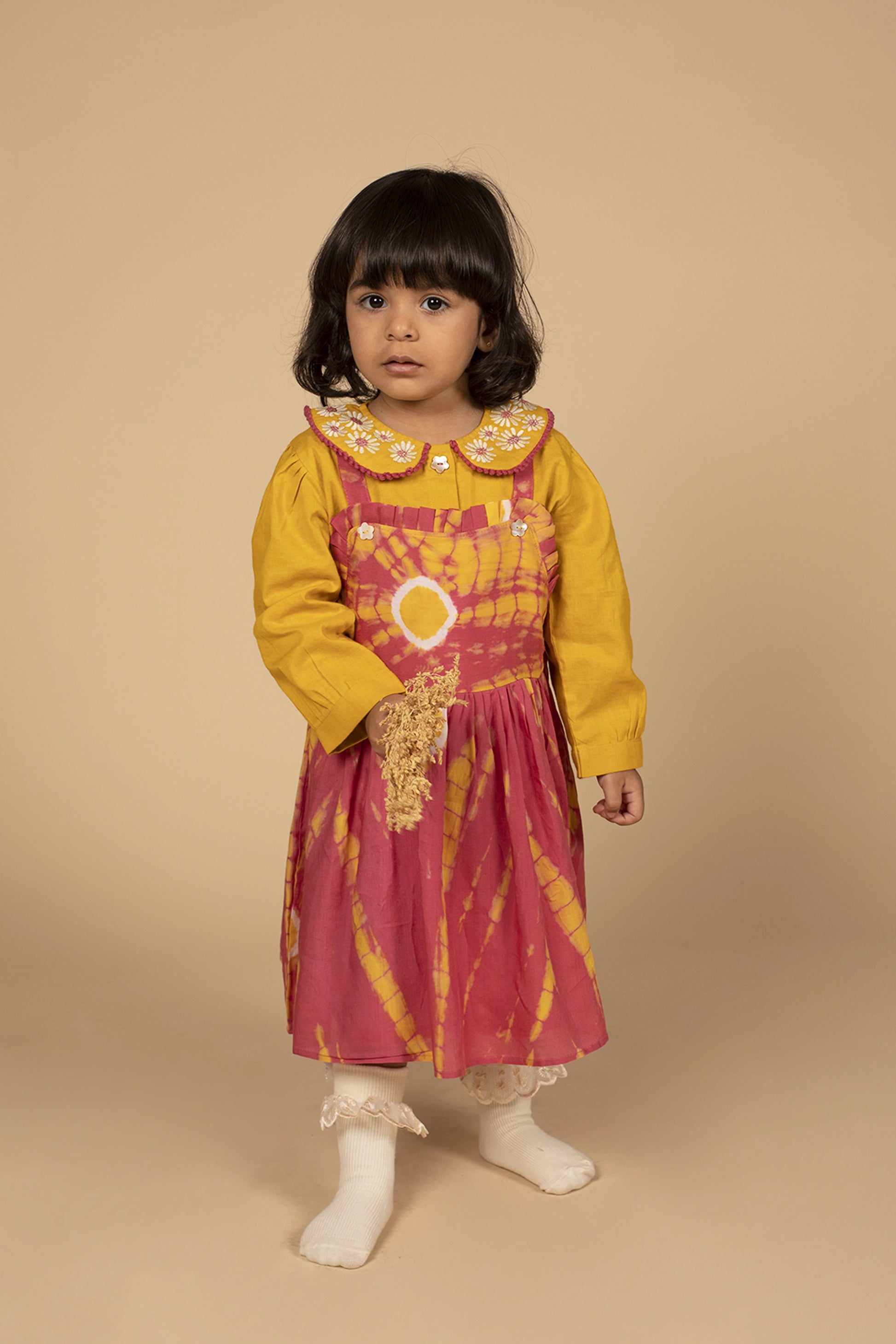 poochkie mustard yellow and pink  dress for kids