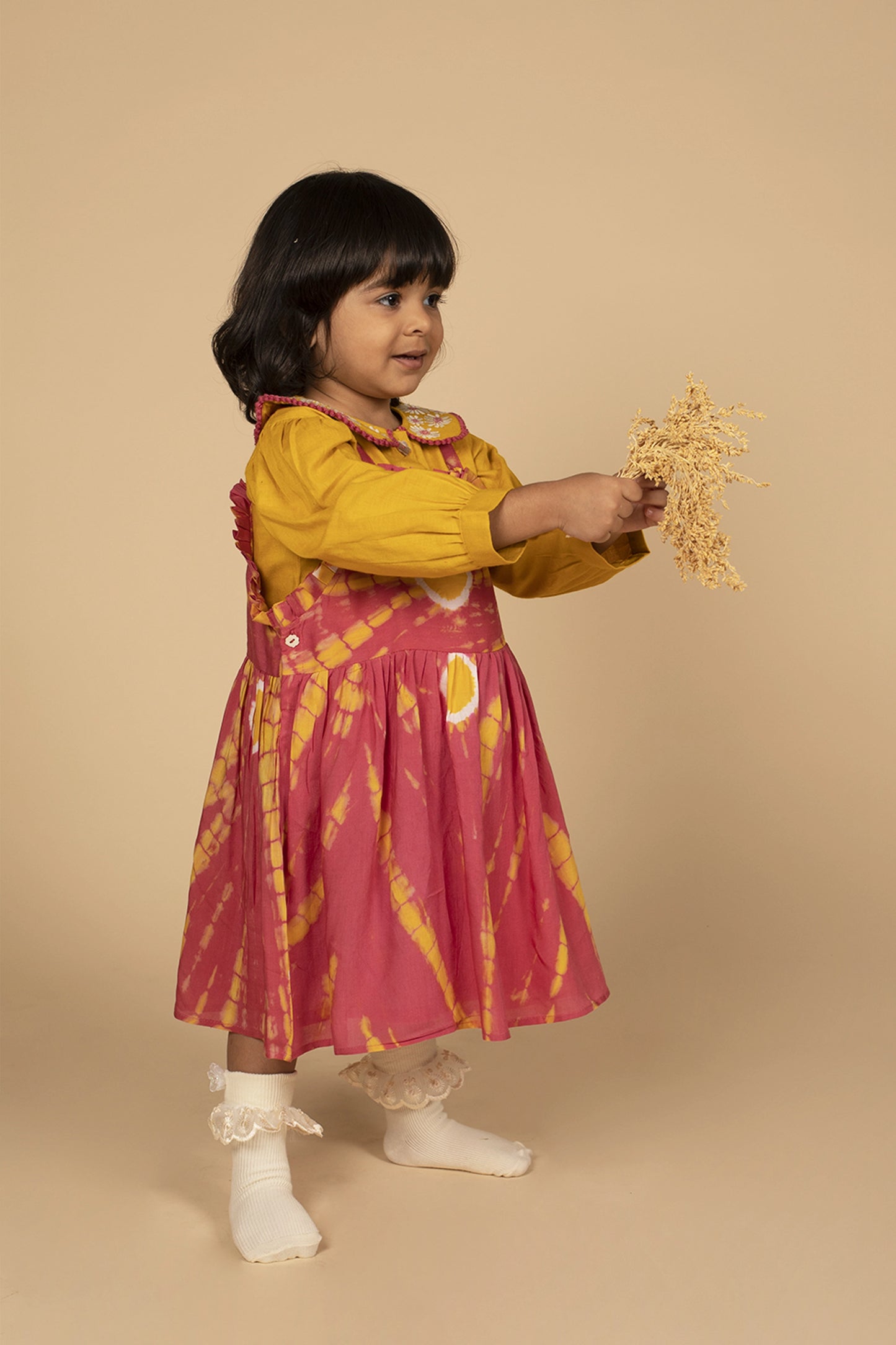 poochkie mustard yellow and pink  dress for kids