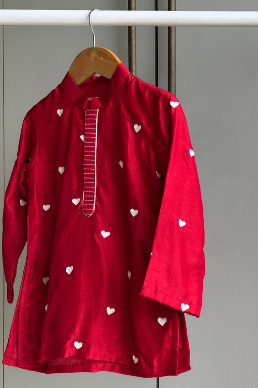 Red Heart Embroidered Kurta And Pyjama