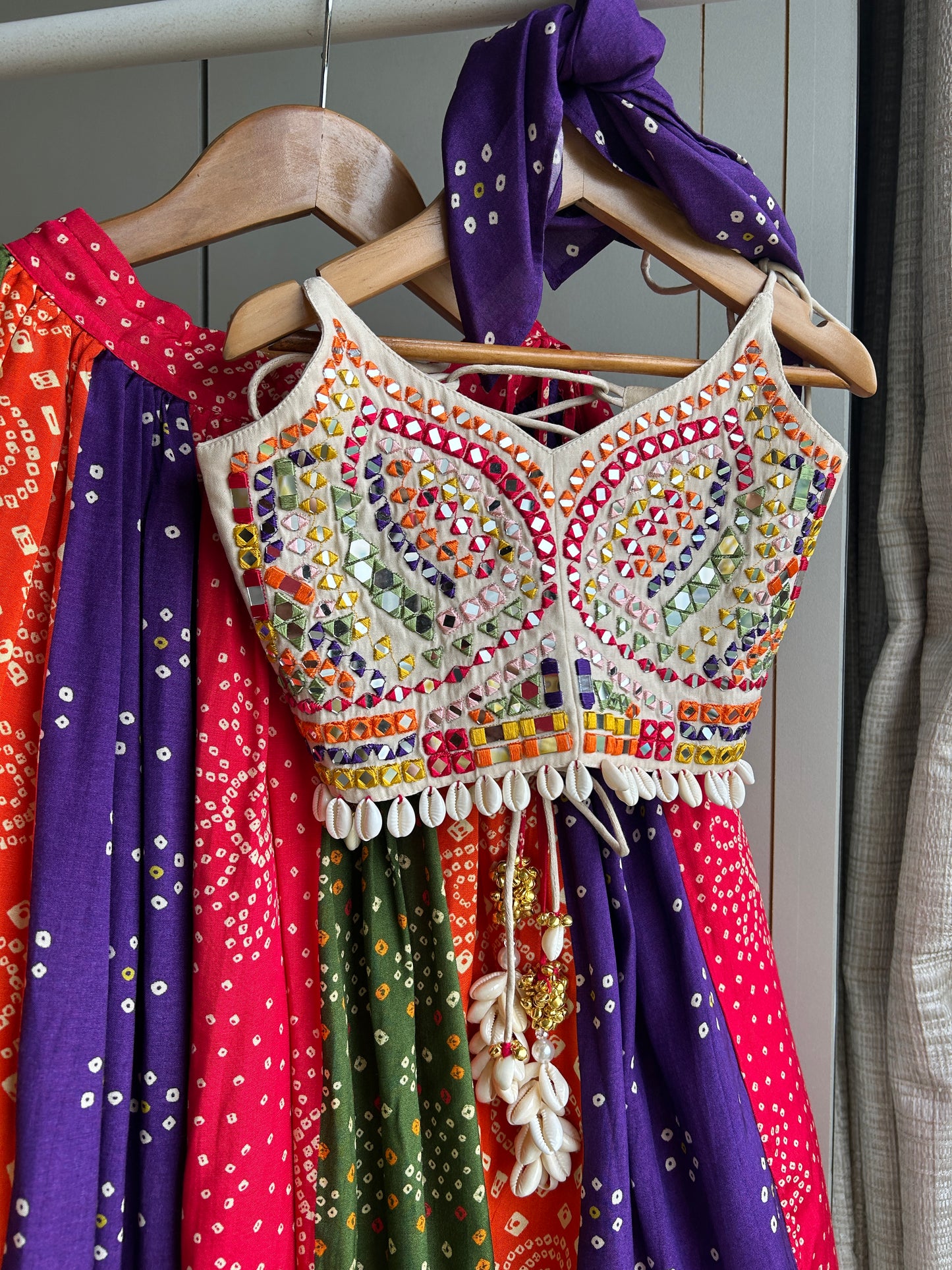 White strappy top with multicolour thread and mirror hand embroidery