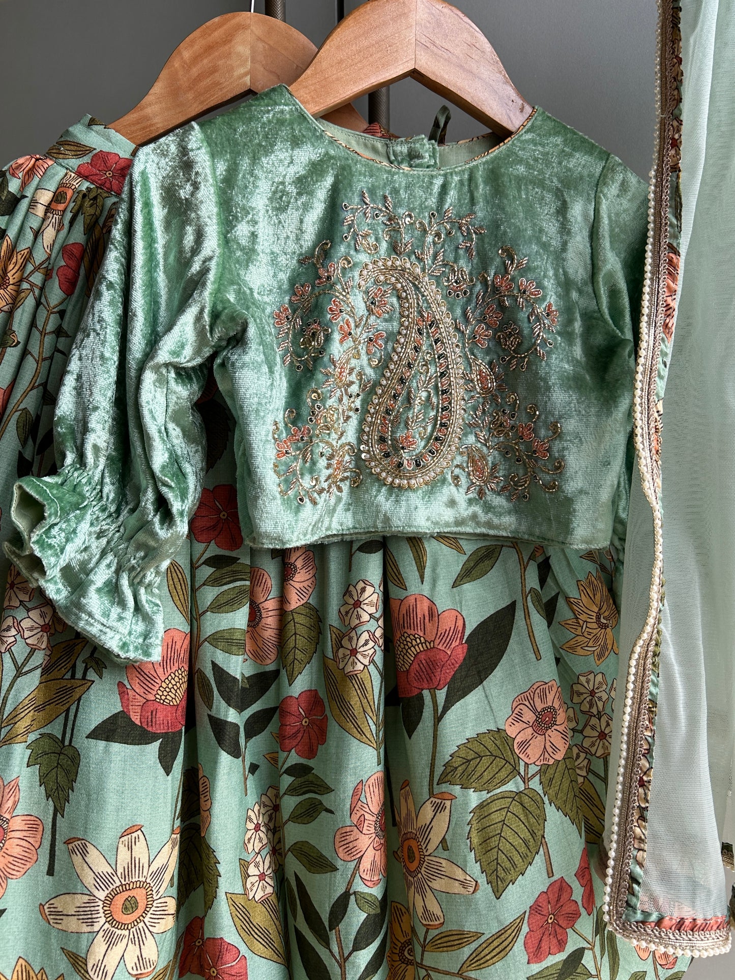 Dareen mint embroidered velvet lehenga set