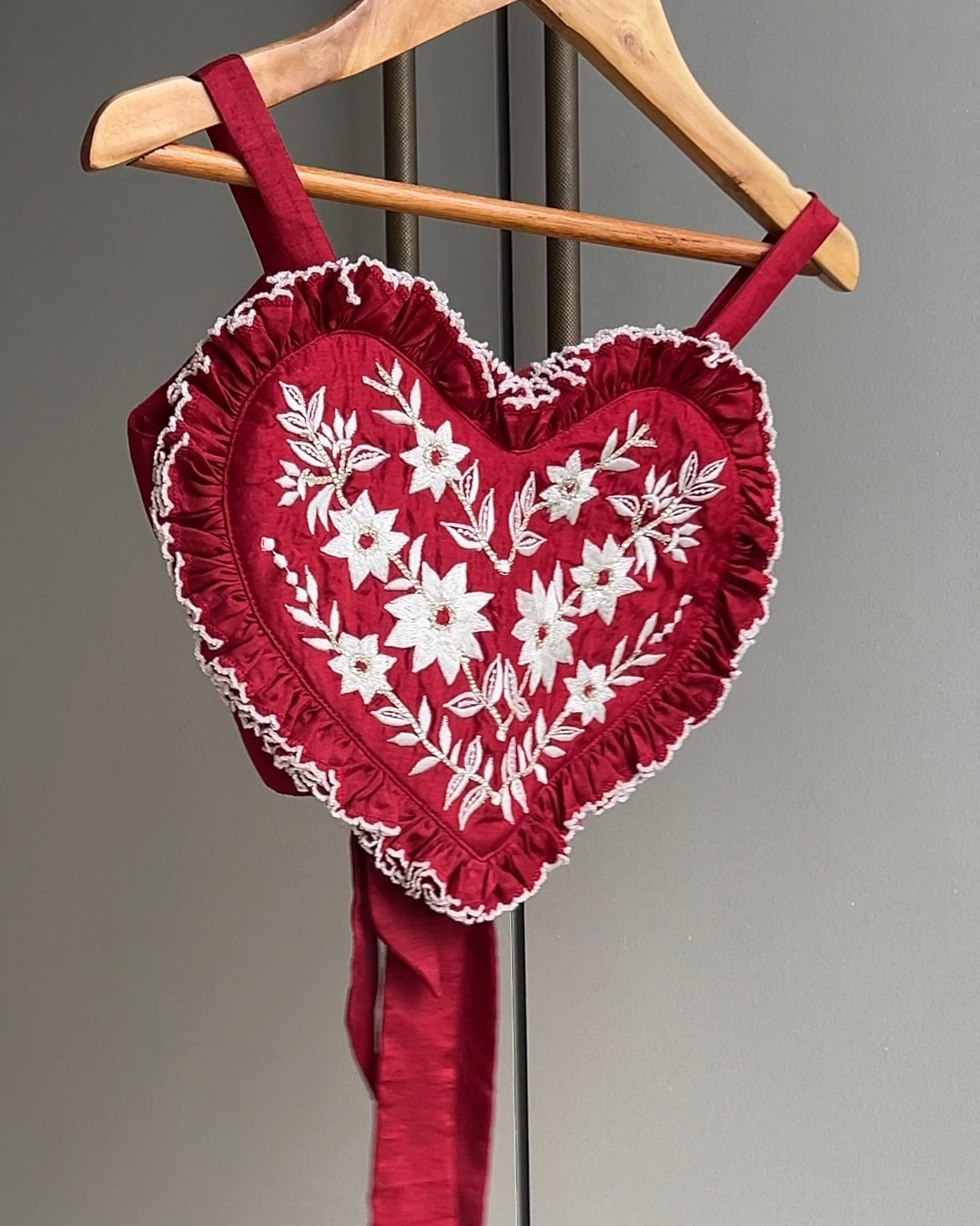 Red Embroidered Heart Shaped Stylish Top And Lehenga