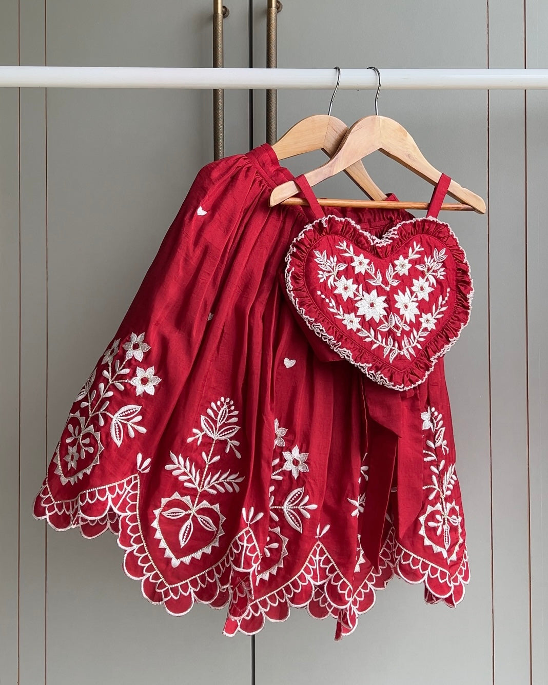 Red Embroidered Heart Shaped Stylish Top And Lehenga