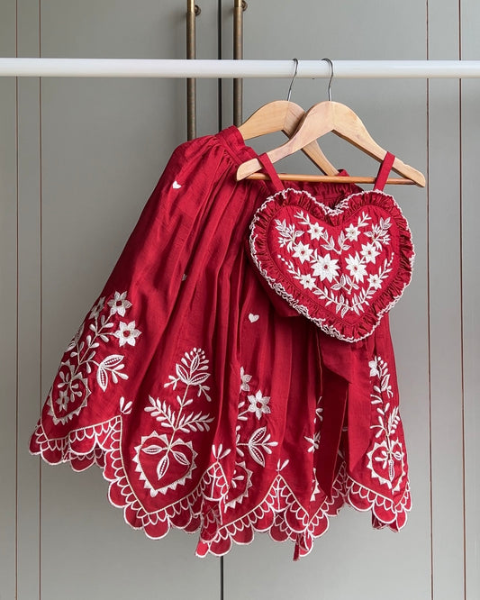 Red Embroidered Heart Shaped Stylish Top And Lehenga