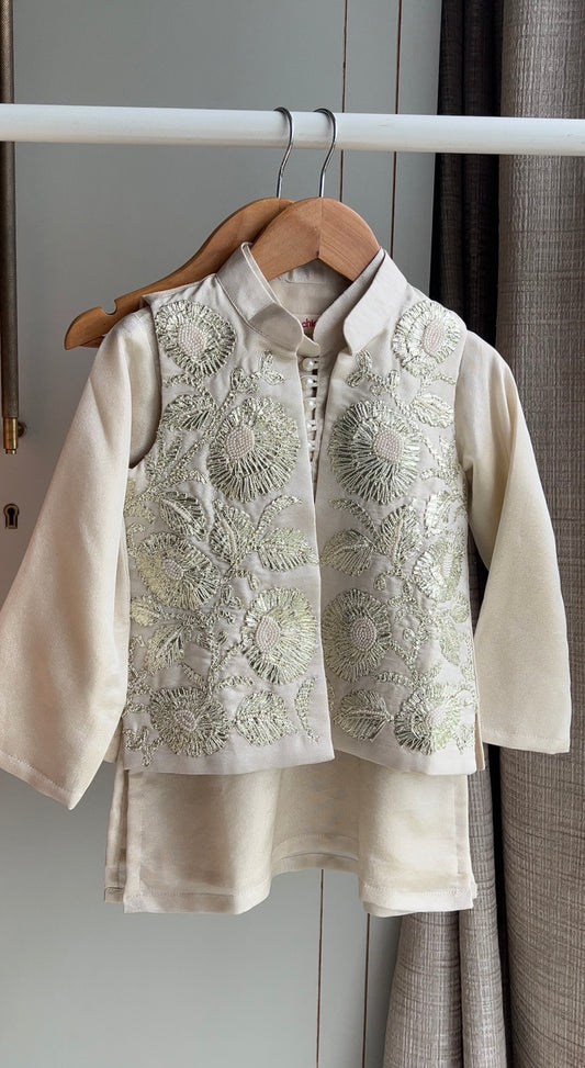 Shimmery Ivory Kurta With Front Open Gota Embroidered Jacket And Pyjama