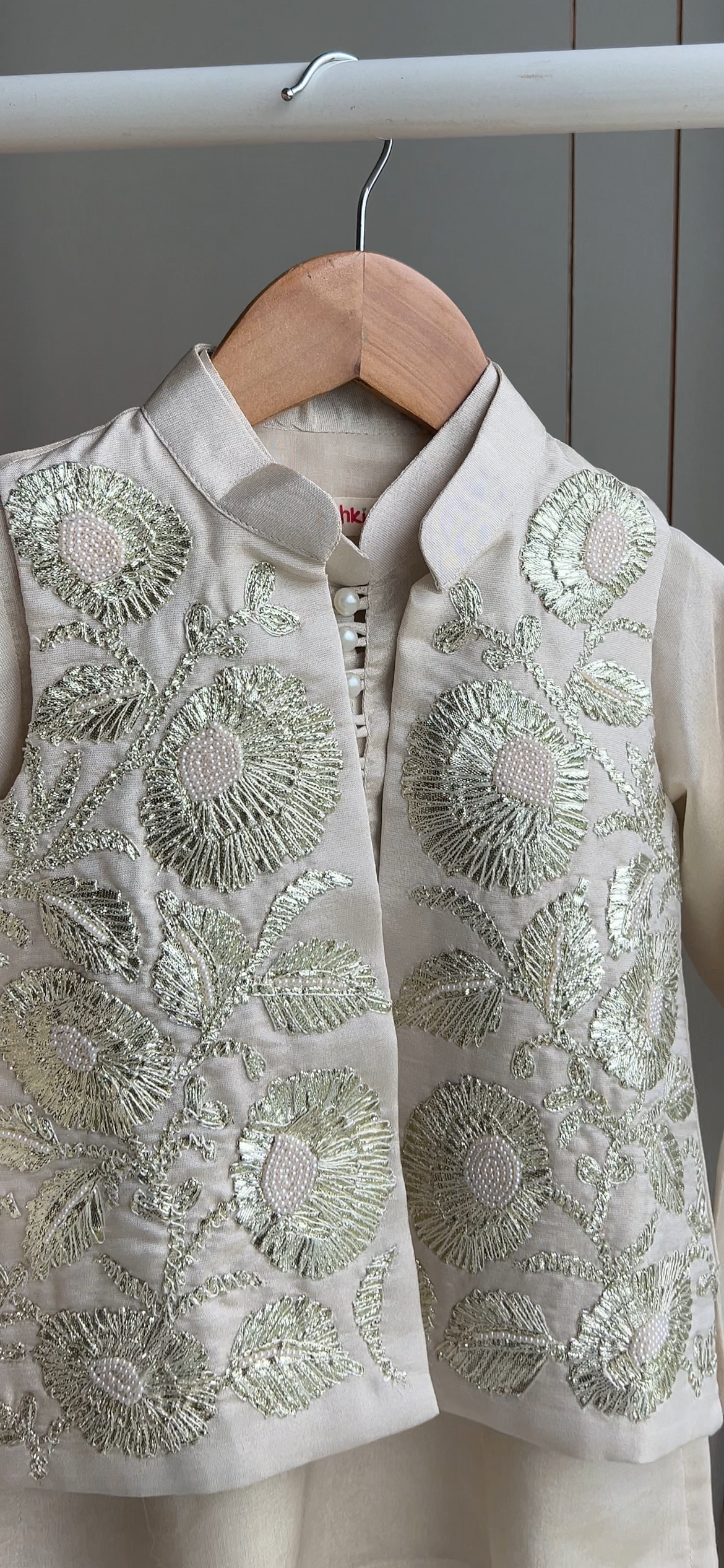 Shimmery Ivory Kurta With Front Open Gota Embroidered Jacket And Pyjama