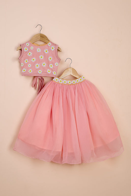 Gillie Floral Embroidered Stylish Back Pink Top And Lehenga