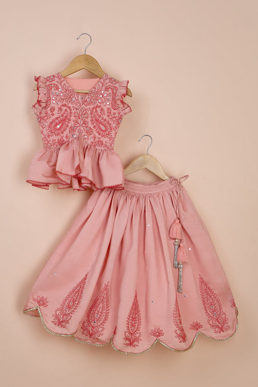 Ghungur Faux Mirror And Thread Embroidered Top And Flared Lehenga