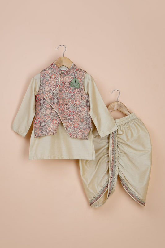 Shubho Beige Kurta And Stylish Jacket With Dhoti