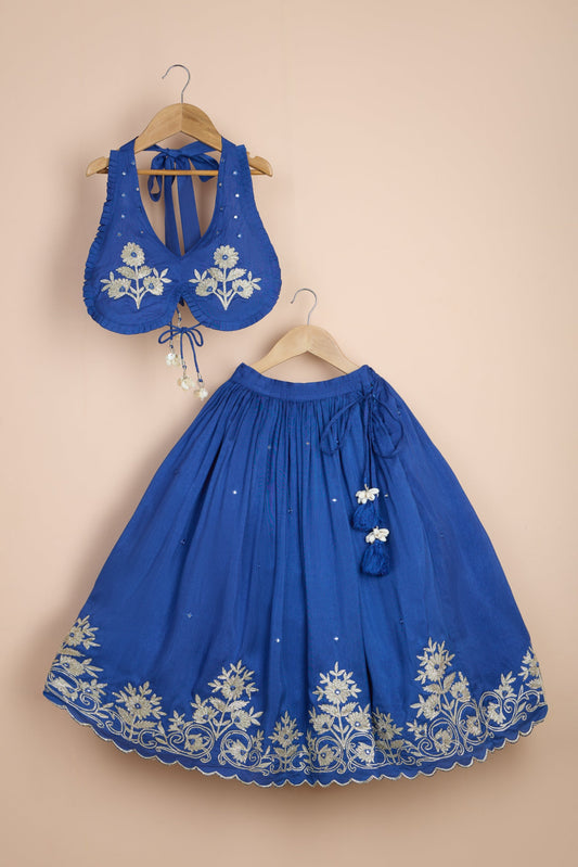 Chandrima blue embroidered halter neck blouse and lehenga set