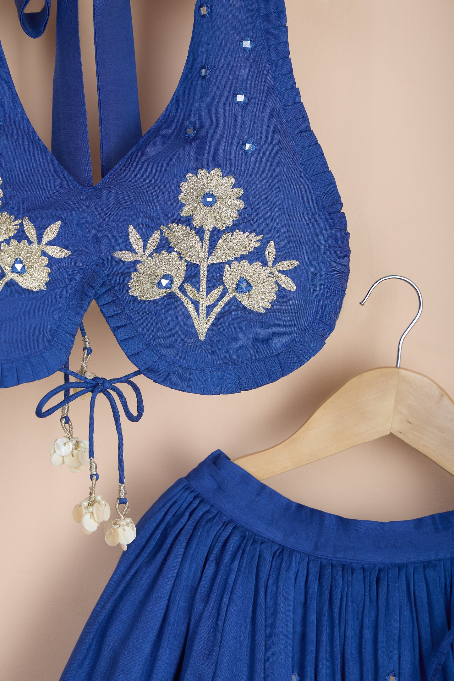 Chandrima blue embroidered halter neck blouse and lehenga set