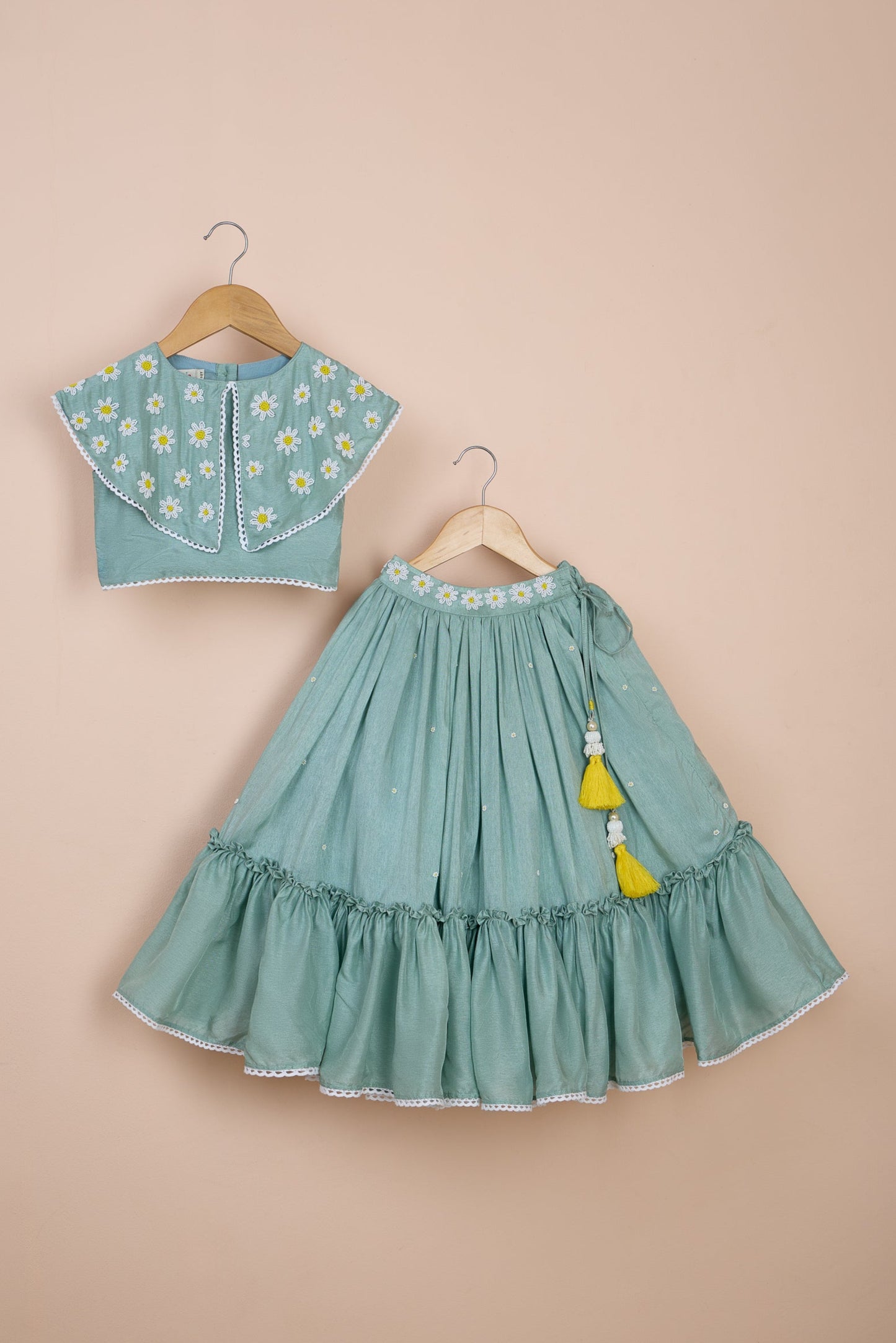 Bagiya Powder Blue Silk Frilled Lehenga Set For Girls