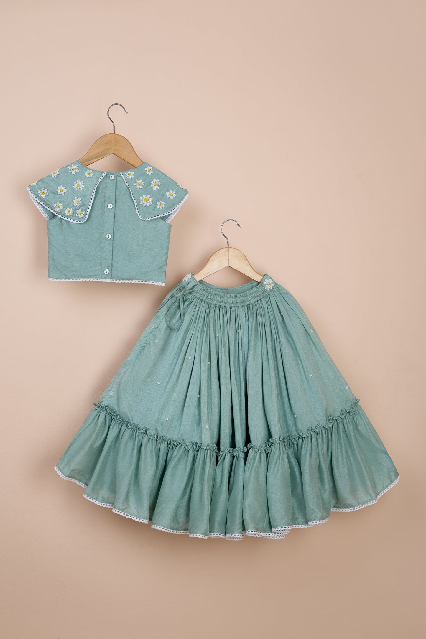 Bagiya Powder Blue Silk Frilled Lehenga Set For Girls