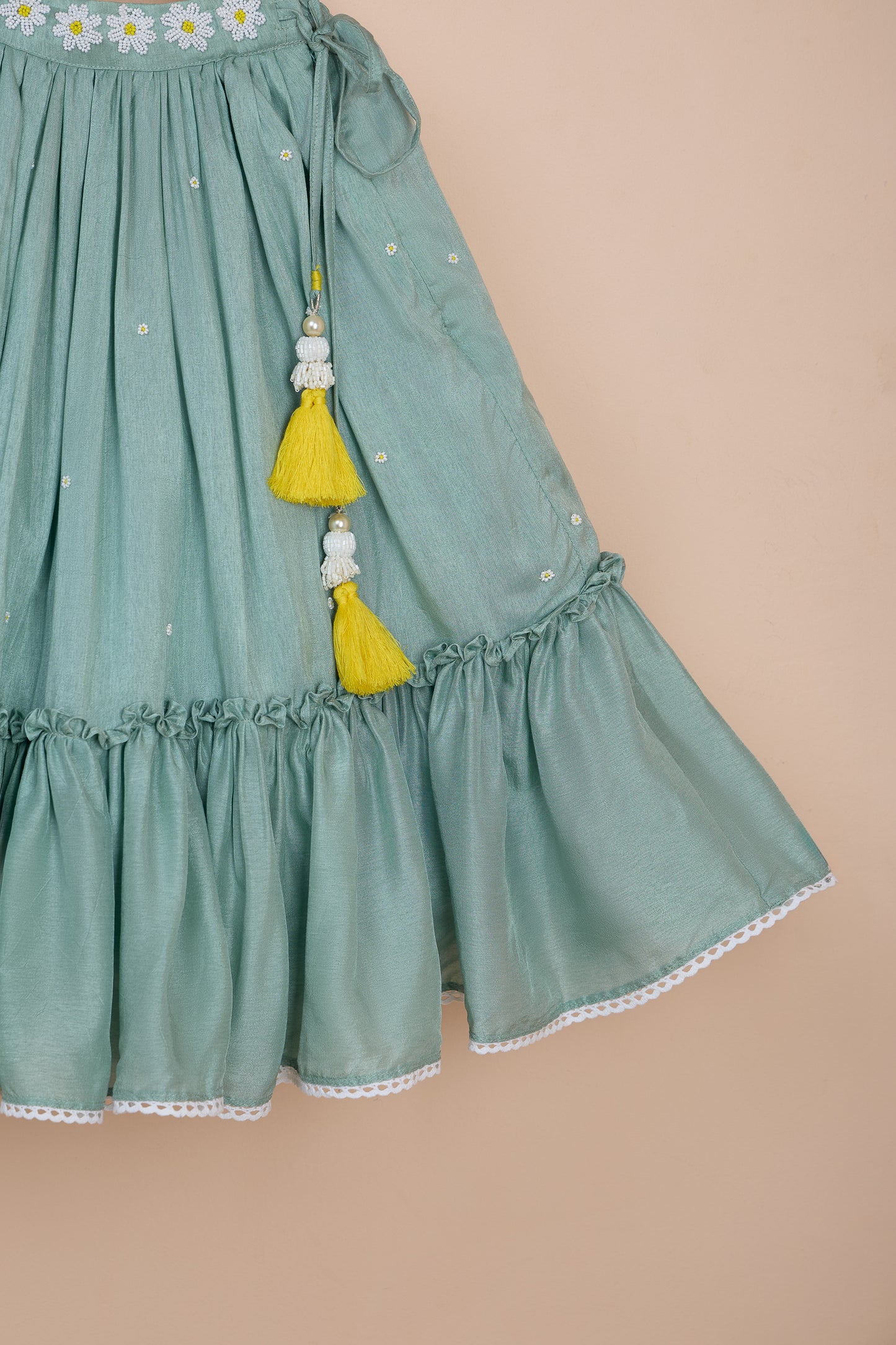 Bagiya Powder Blue Silk Frilled Lehenga Set For Girls