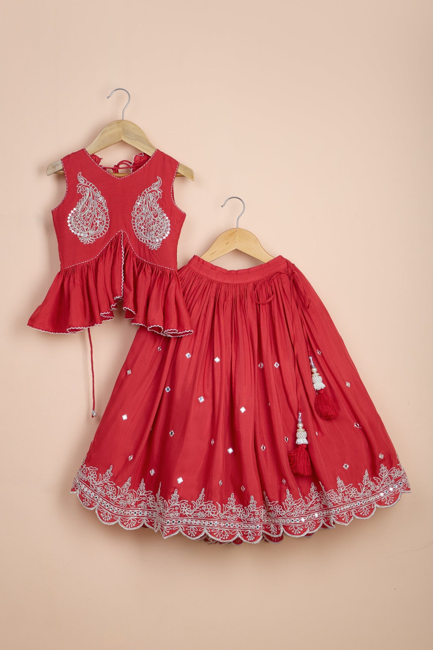 Bani Red Embroidered Lehenga Set For Girls