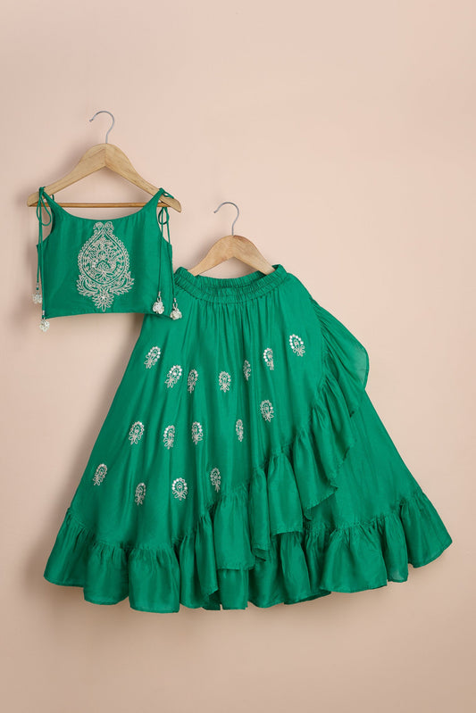Mehru Green Dori Embroidered Strappy Top And Stylish Layered Lehenga
