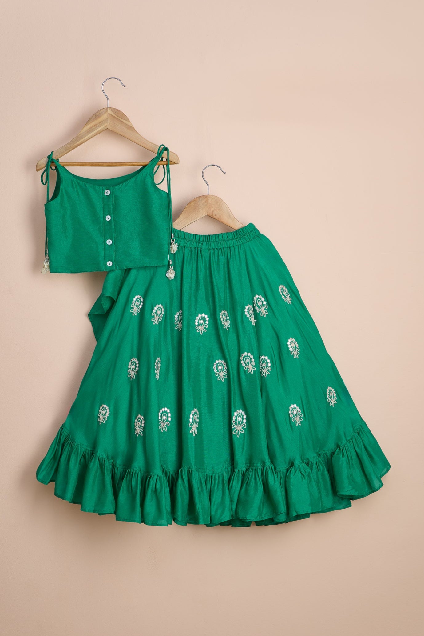 Mehru Green Dori Embroidered Strappy Top And Stylish Layered Lehenga