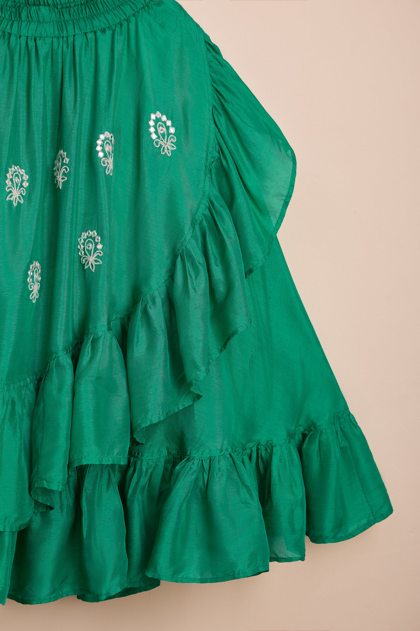 Mehru Green Dori Embroidered Strappy Top And Stylish Layered Lehenga