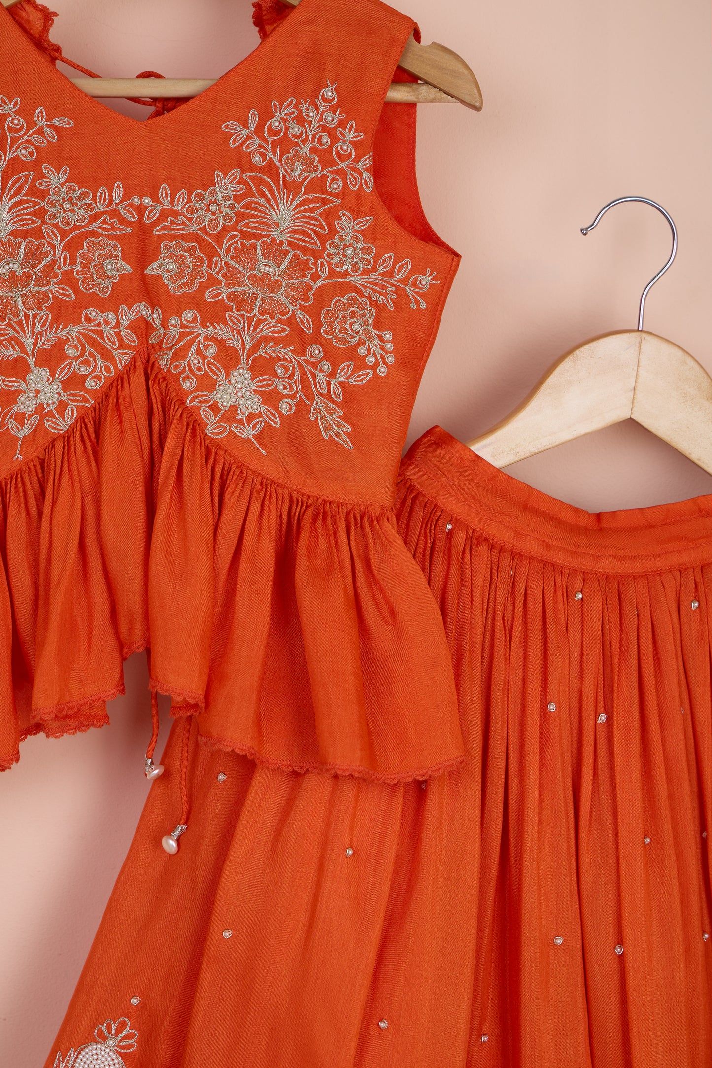 Alaav embroidered Stylish Orange Top And Pleated Lehenga