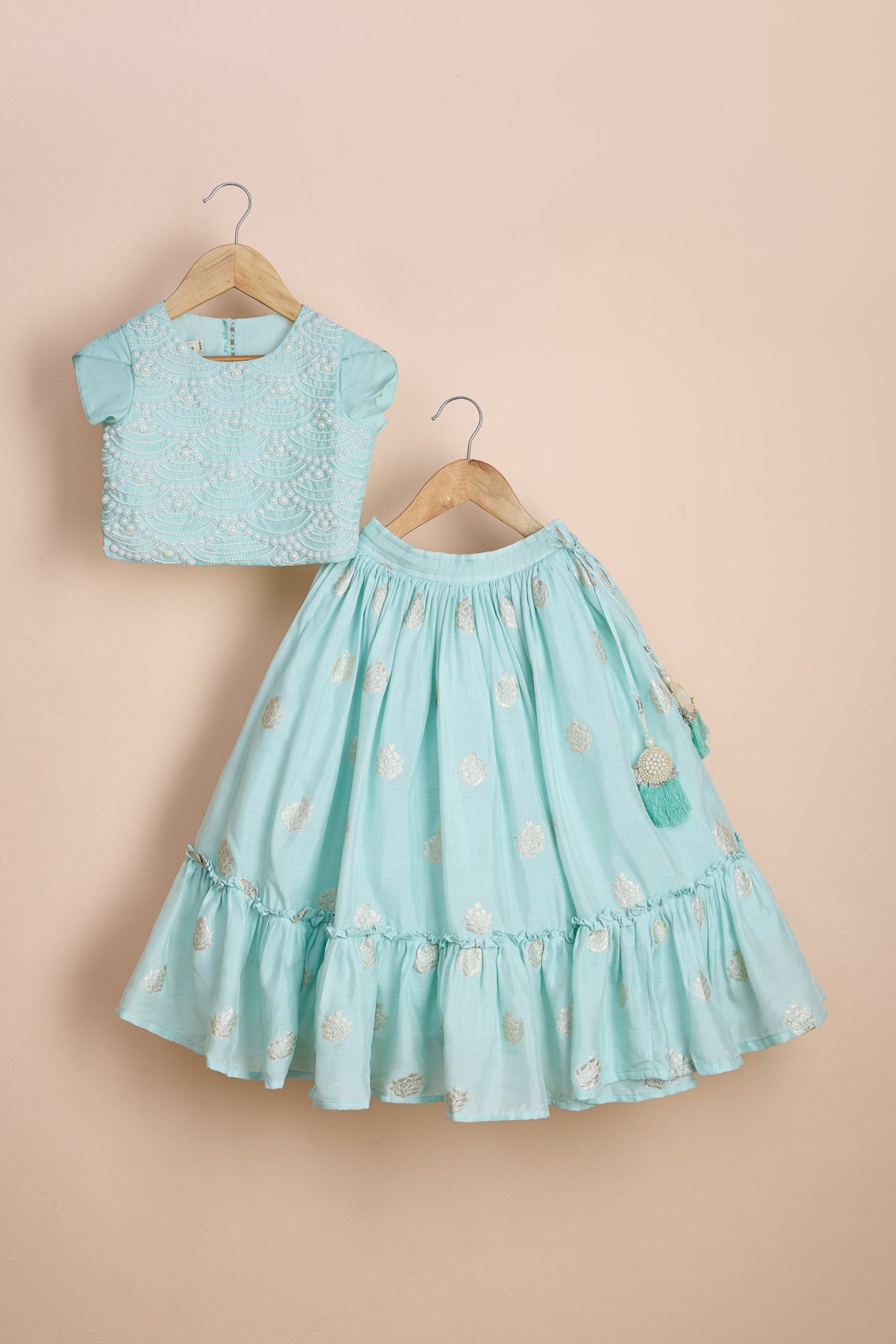 Neelpari Embellished Embroidered Blue Top And Brocade Lehenga