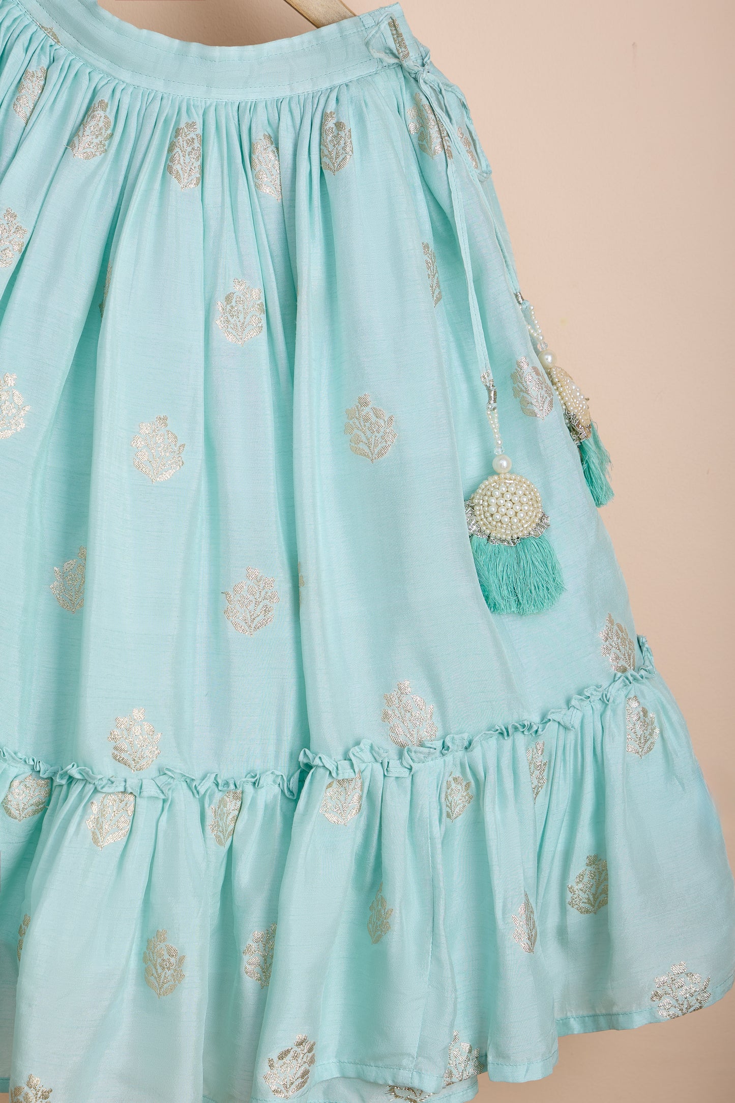 Neelpari Embellished Embroidered Blue Top And Brocade Lehenga