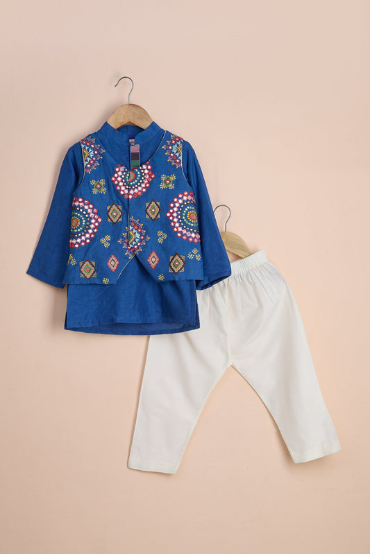 Padmini Blue Embroidered Jacket With Kurta And Pyjama