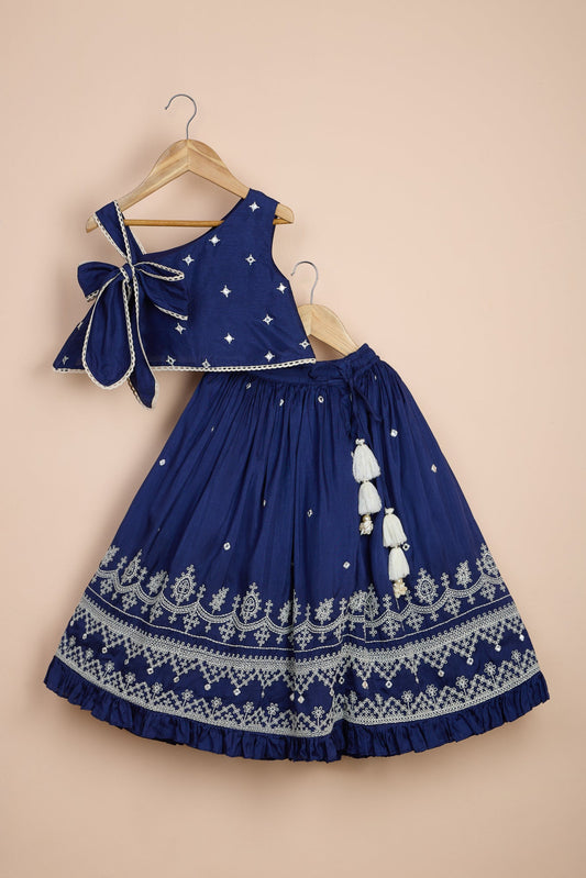 Baghbana Blue Embroidered One Shoulder Top With Lehenga