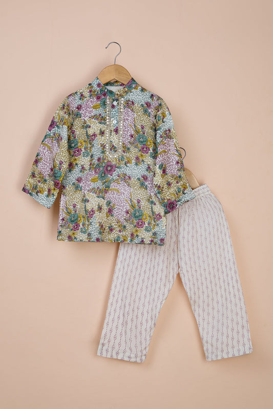 Ambar Multicolour Printed Hand Embroidered Kurta And Pyjama