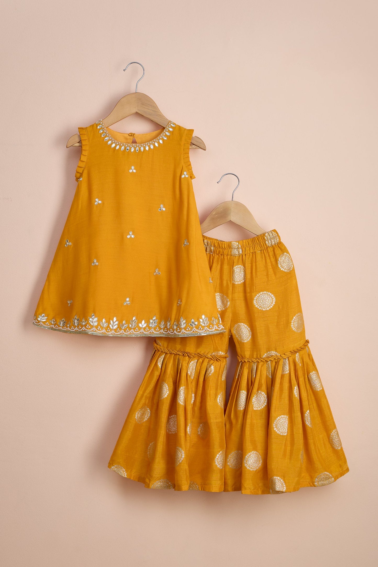 Kesari Mustard Hand Embroidered Kurti And Sharara