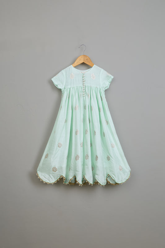 Embroidered Blue Scalloped Hem Kurti