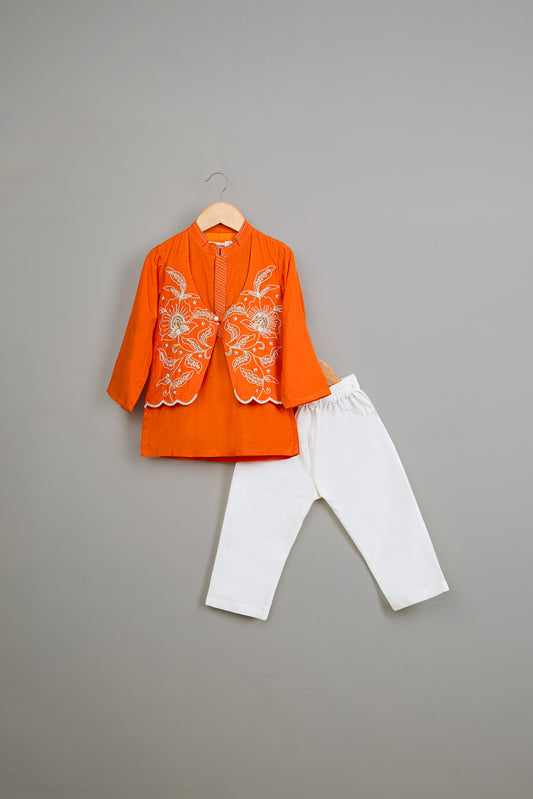 Embroidered Flap Orange Kurta And Pyjama