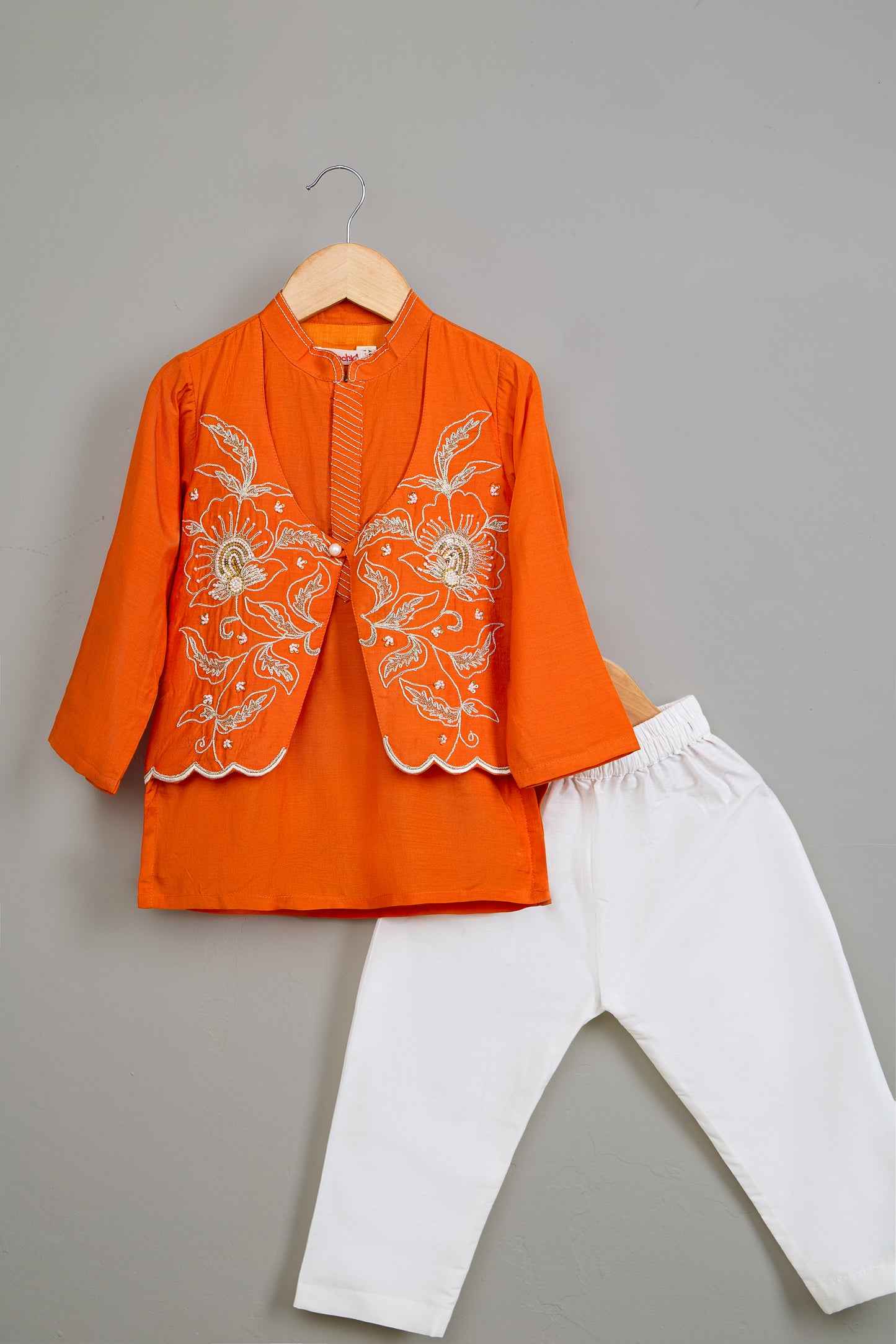 Embroidered Flap Orange Kurta And Pyjama