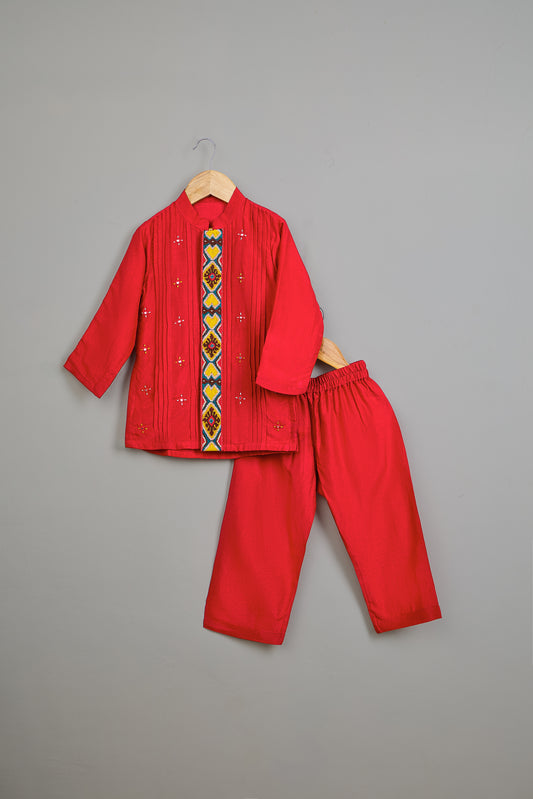 Red Embroidered And Pintuck Detailed Kurta With Pyjama