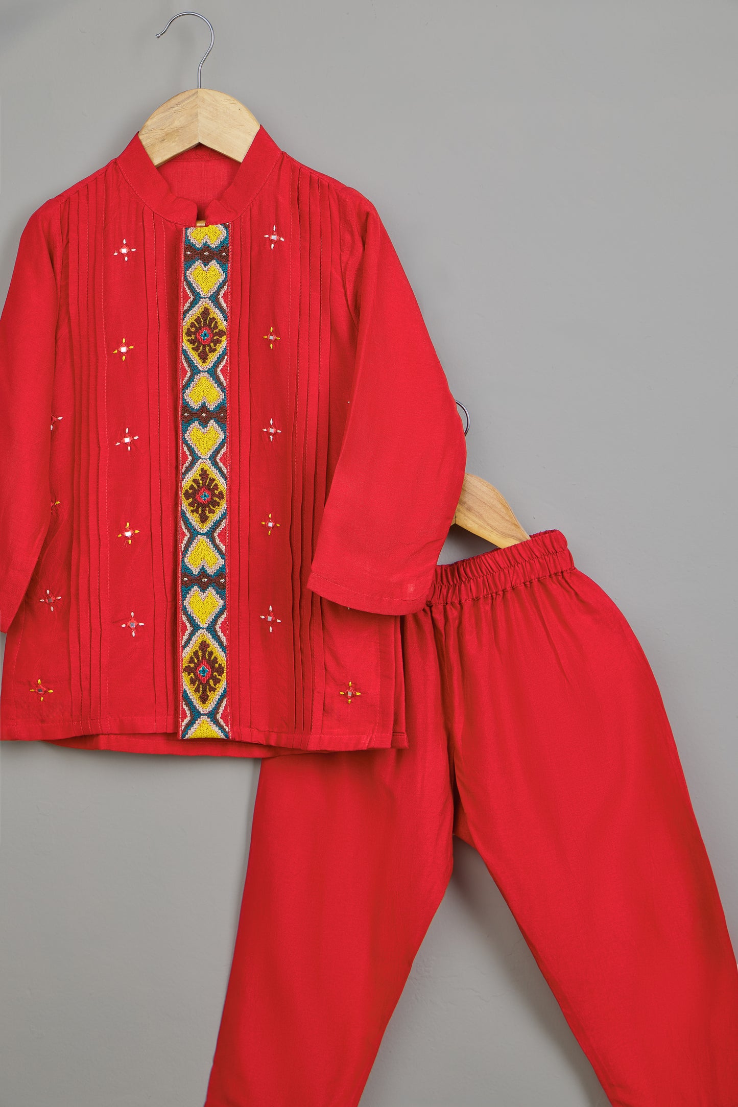 Red Embroidered And Pintuck Detailed Kurta With Pyjama