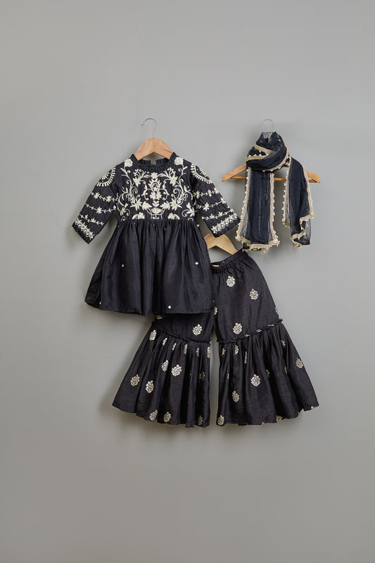 Black Embroidered Pleats Detailed Kurti And Sharara With Dupatta