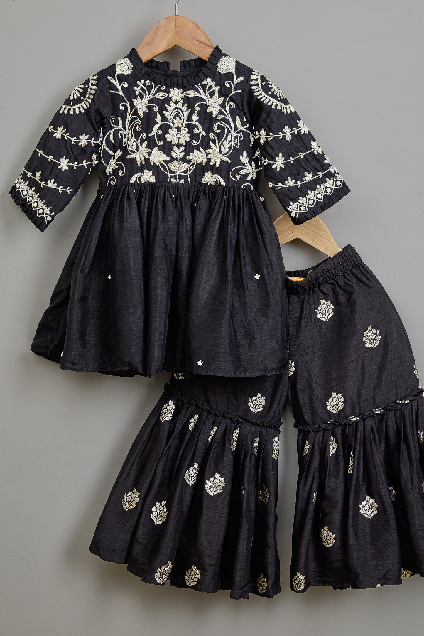 Black Embroidered Pleats Detailed Kurti And Sharara With Dupatta