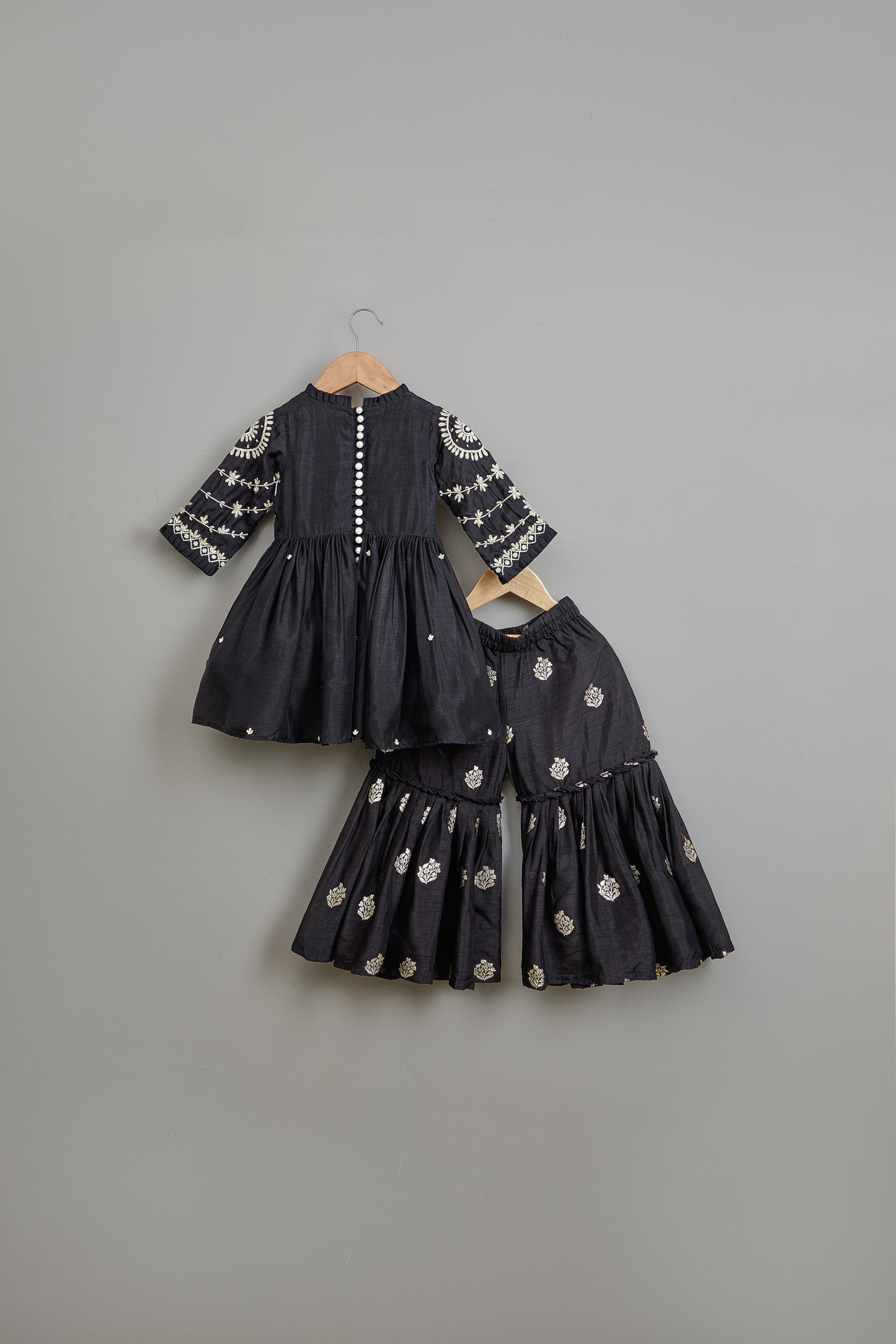 Black Embroidered Pleats Detailed Kurti And Sharara With Dupatta