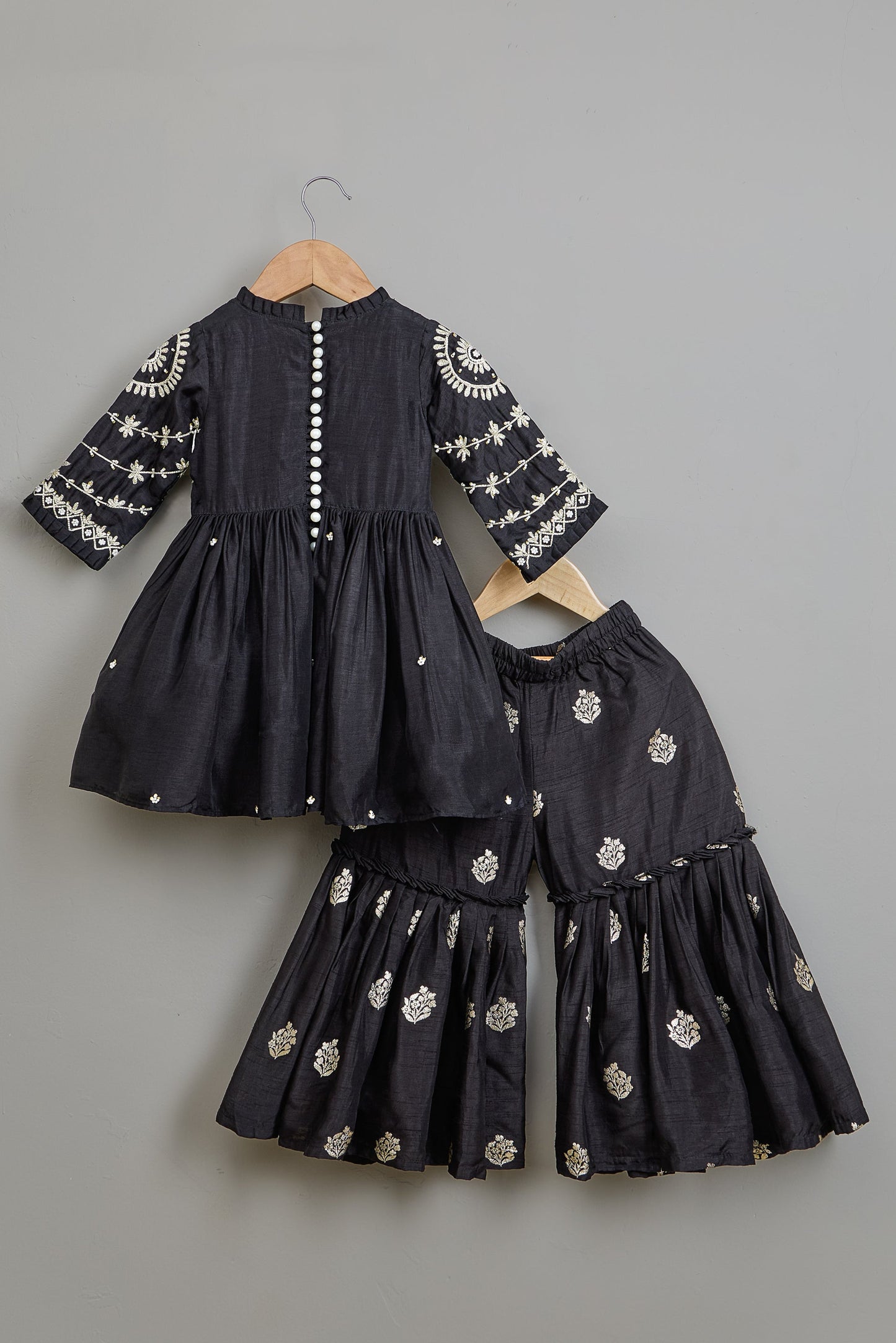 Black Embroidered Pleats Detailed Kurti And Sharara With Dupatta