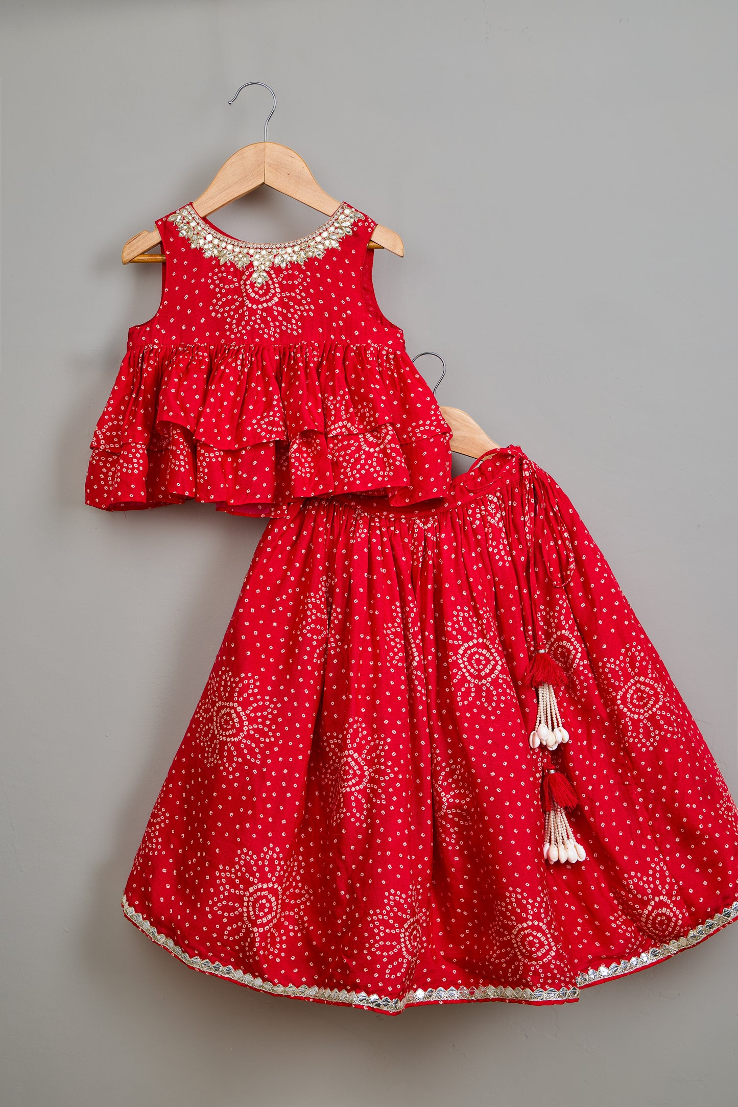 Red Printed Embroidered Layered Top And Flared Lehenga