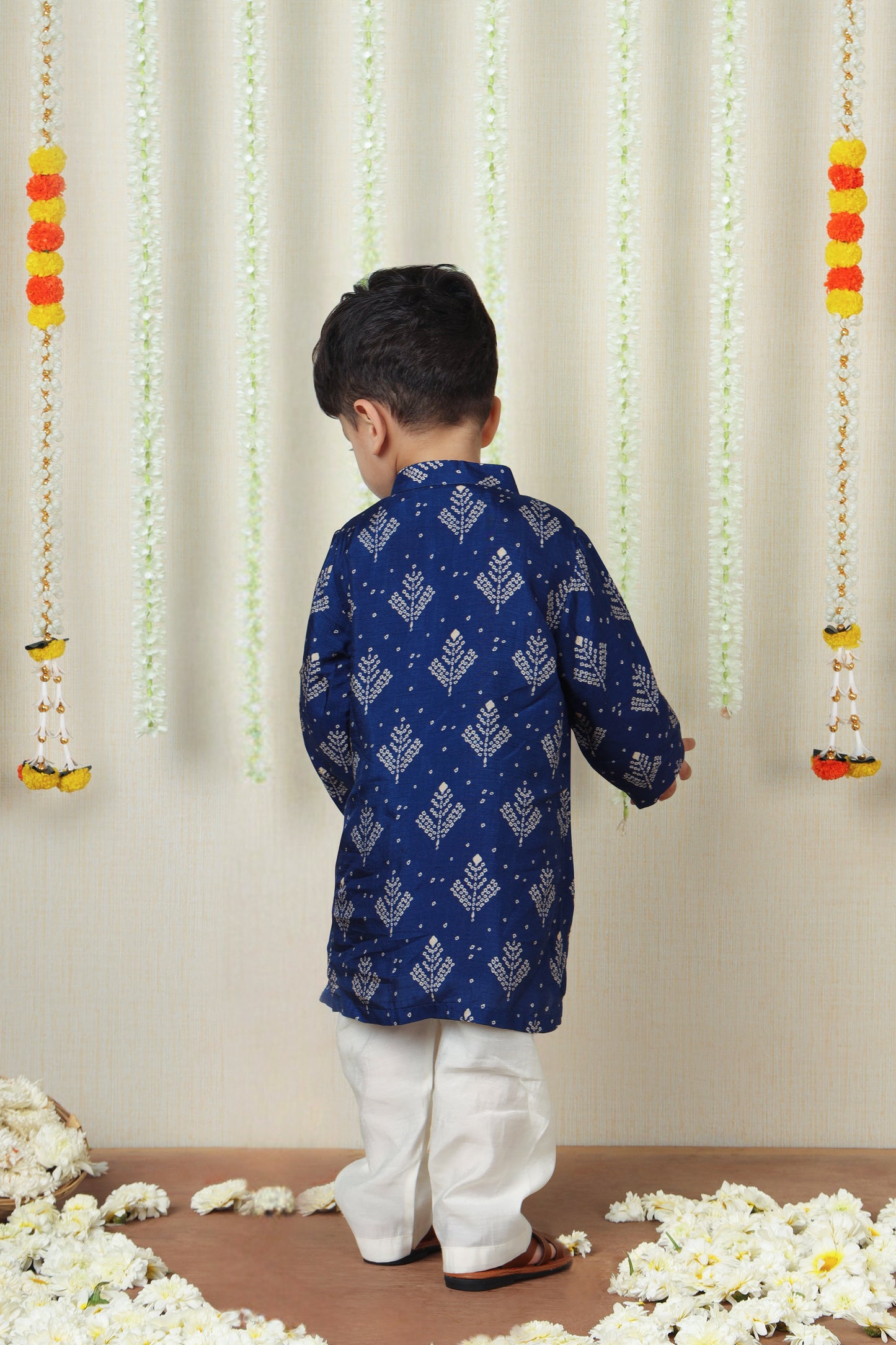 Navy Blue Bandhani Printed Kurta Set with Gota Embroidery