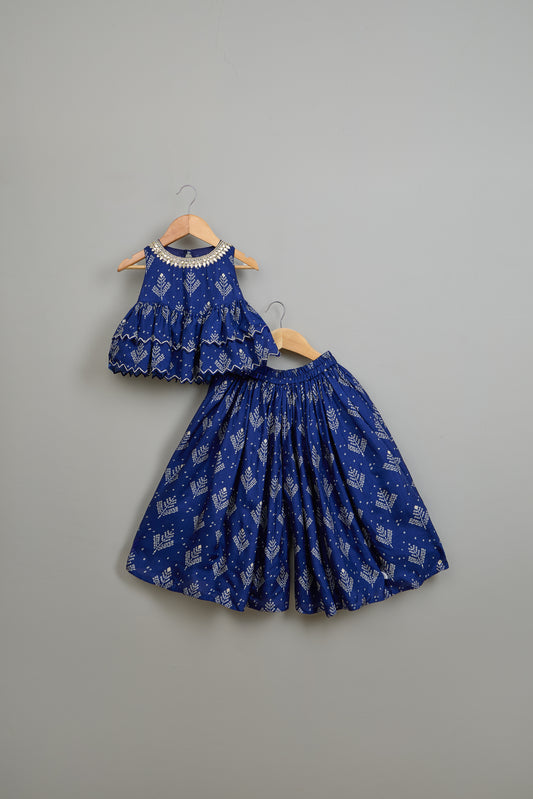 Blue Printed Embroidered Layered Top And Flared Palazzo