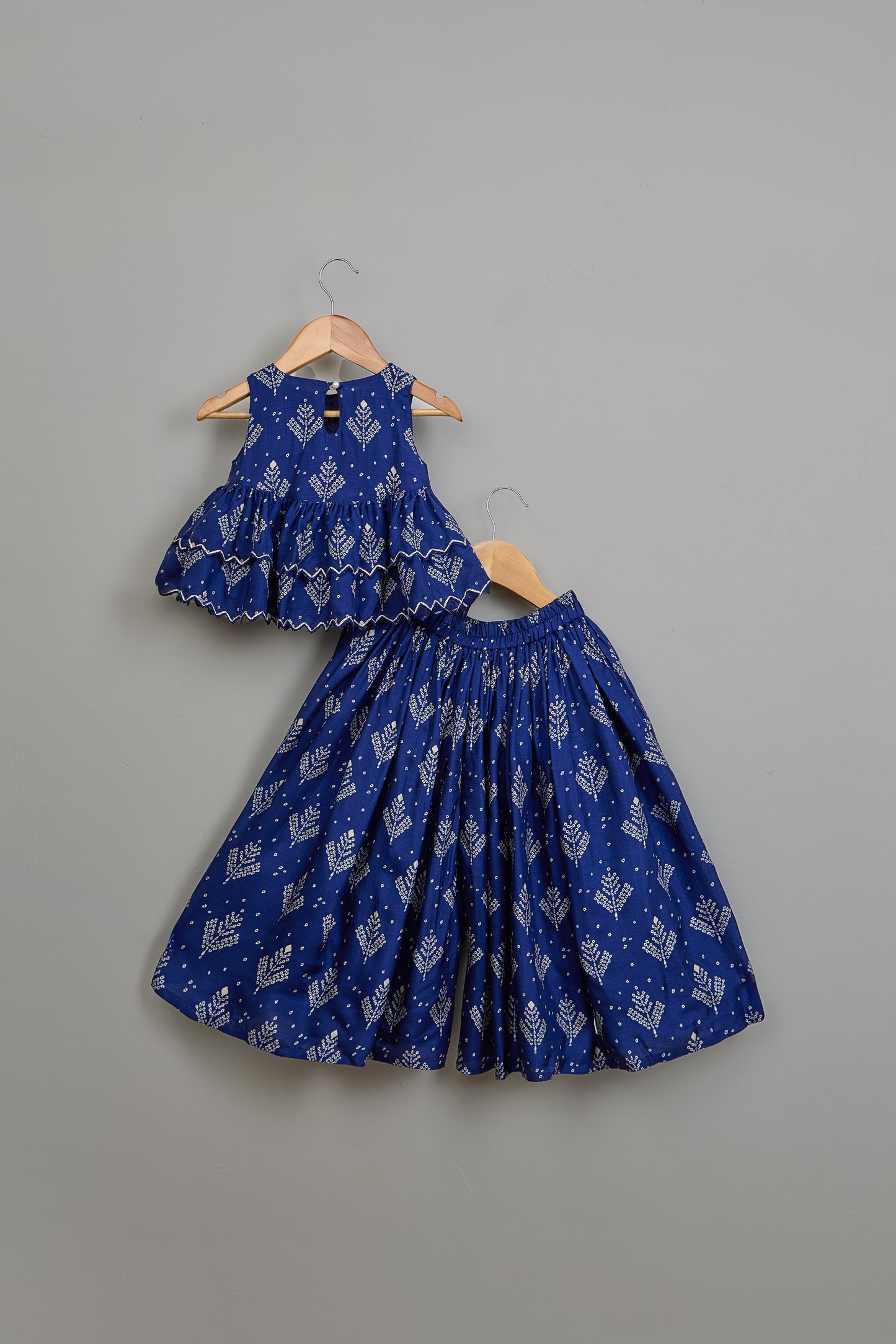 Blue Printed Embroidered Layered Top And Flared Palazzo