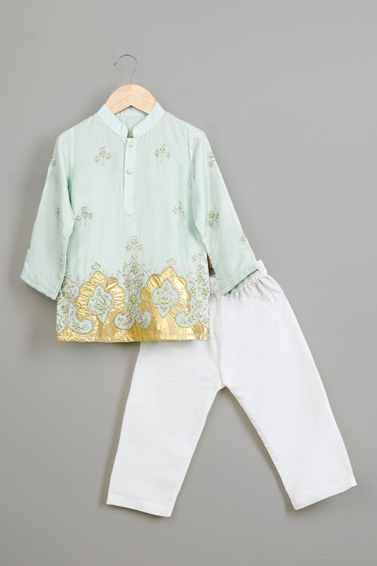Blue Embroidered Silk Kurta And White Pyjama