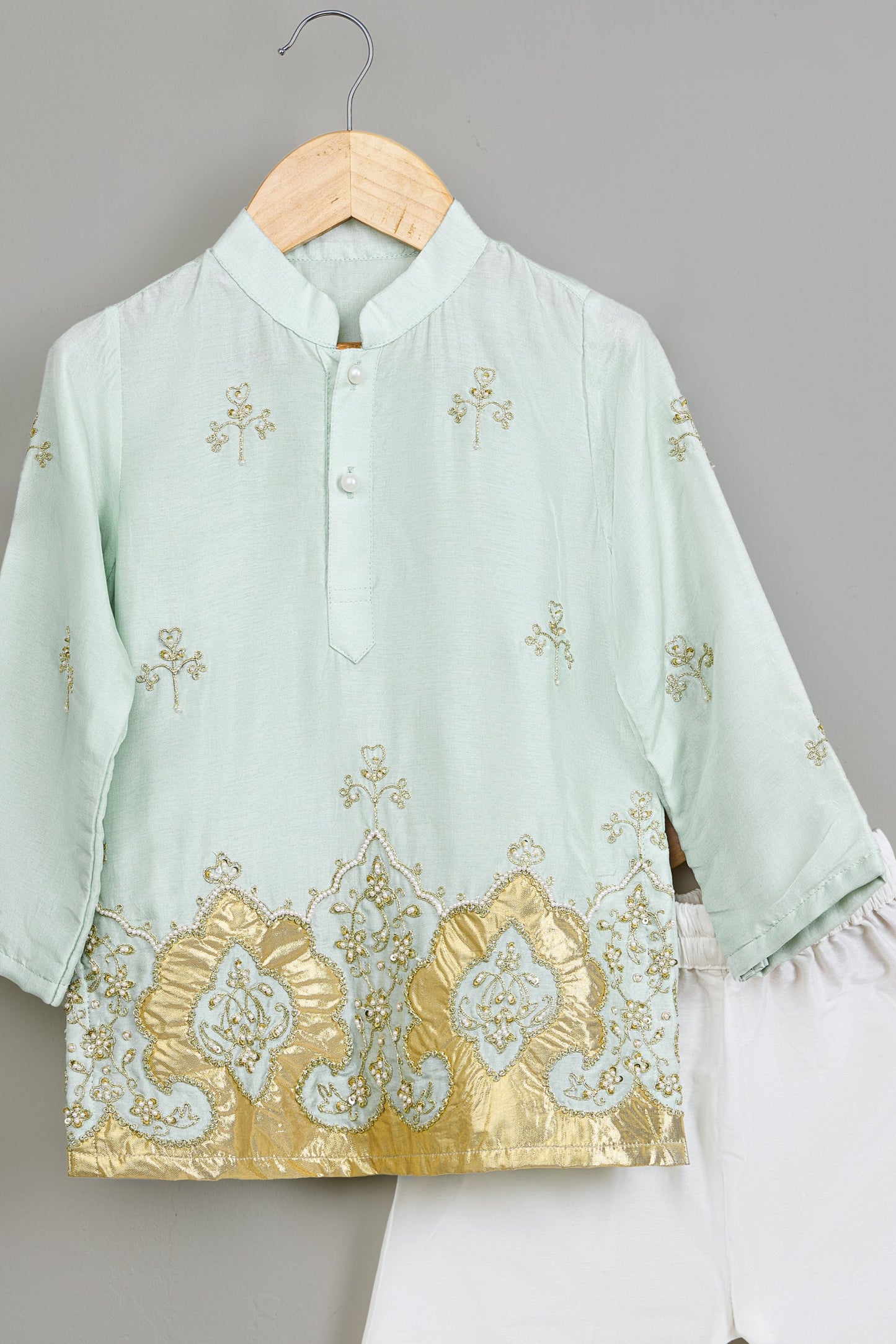 Blue Embroidered Silk Kurta And White Pyjama