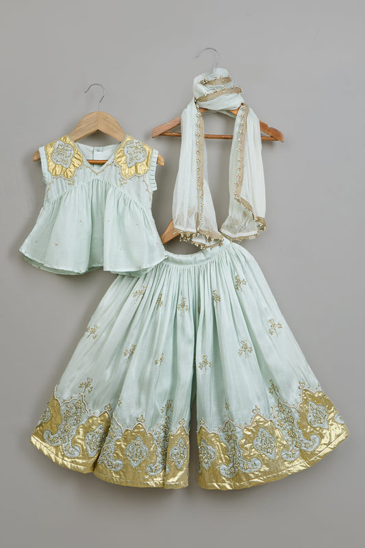 Blue Gota Detailed Peplum Top With Flared Palazzo And Dupatta