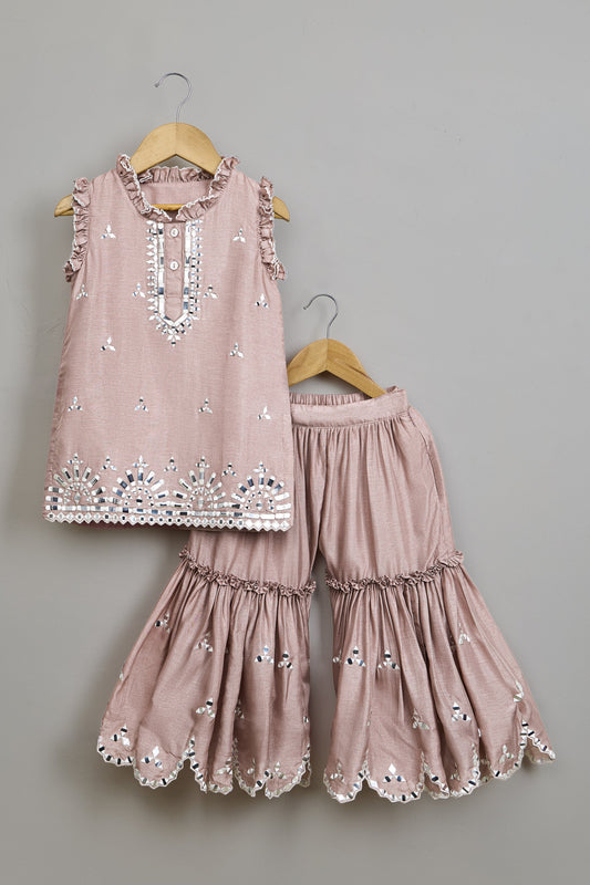 Pink Faux Mirror Embroidered Ruffle Detailed Kurti With Sharara