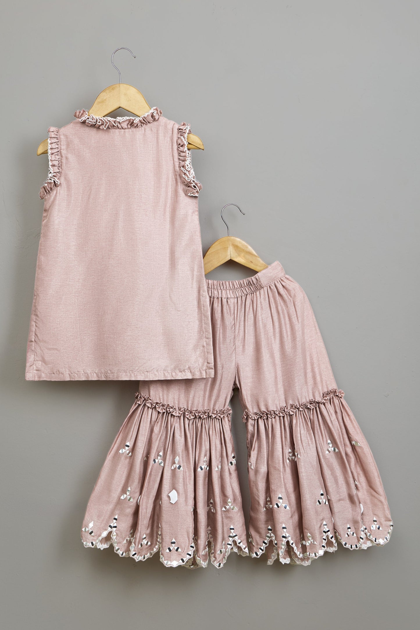 Pink Faux Mirror Embroidered Ruffle Detailed Kurti With Sharara