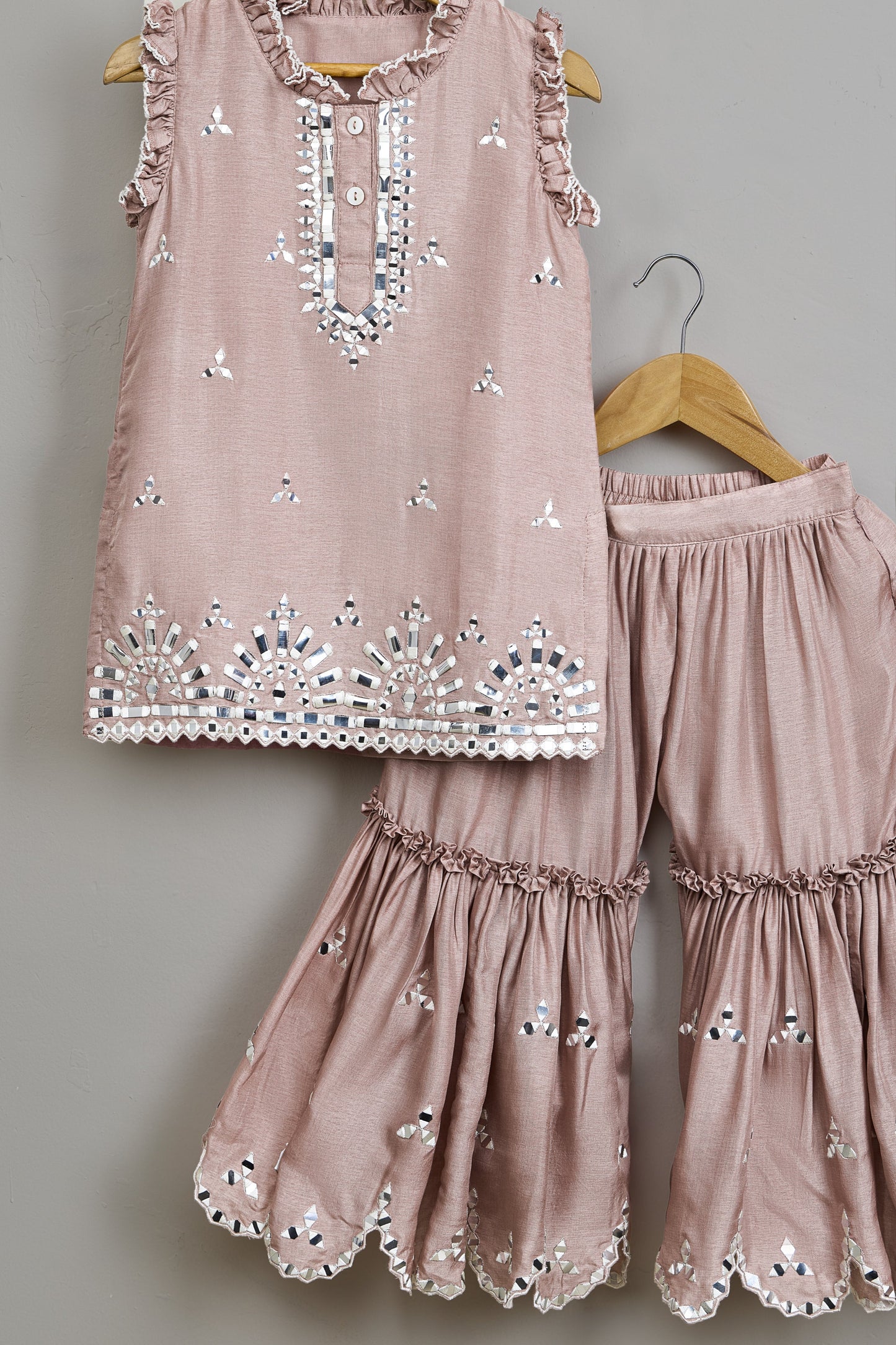 Pink Faux Mirror Embroidered Ruffle Detailed Kurti With Sharara