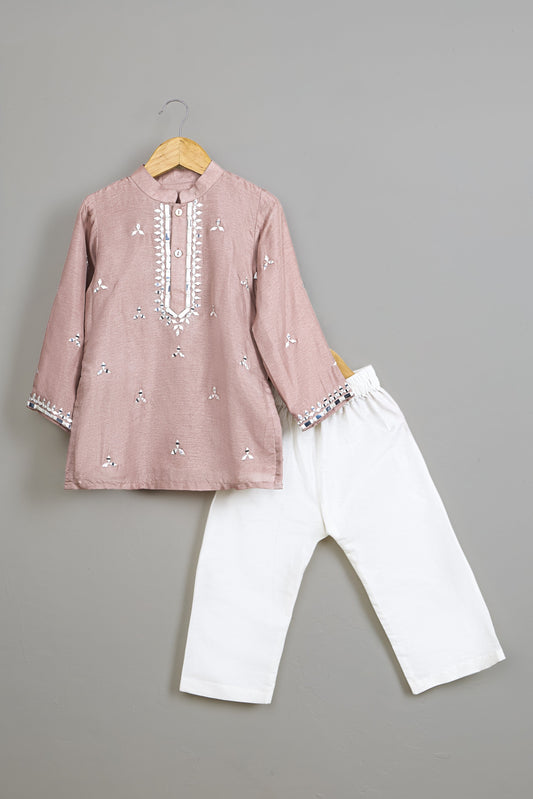 Faux Mirror Embroidered Pink Kurta With Pyjama