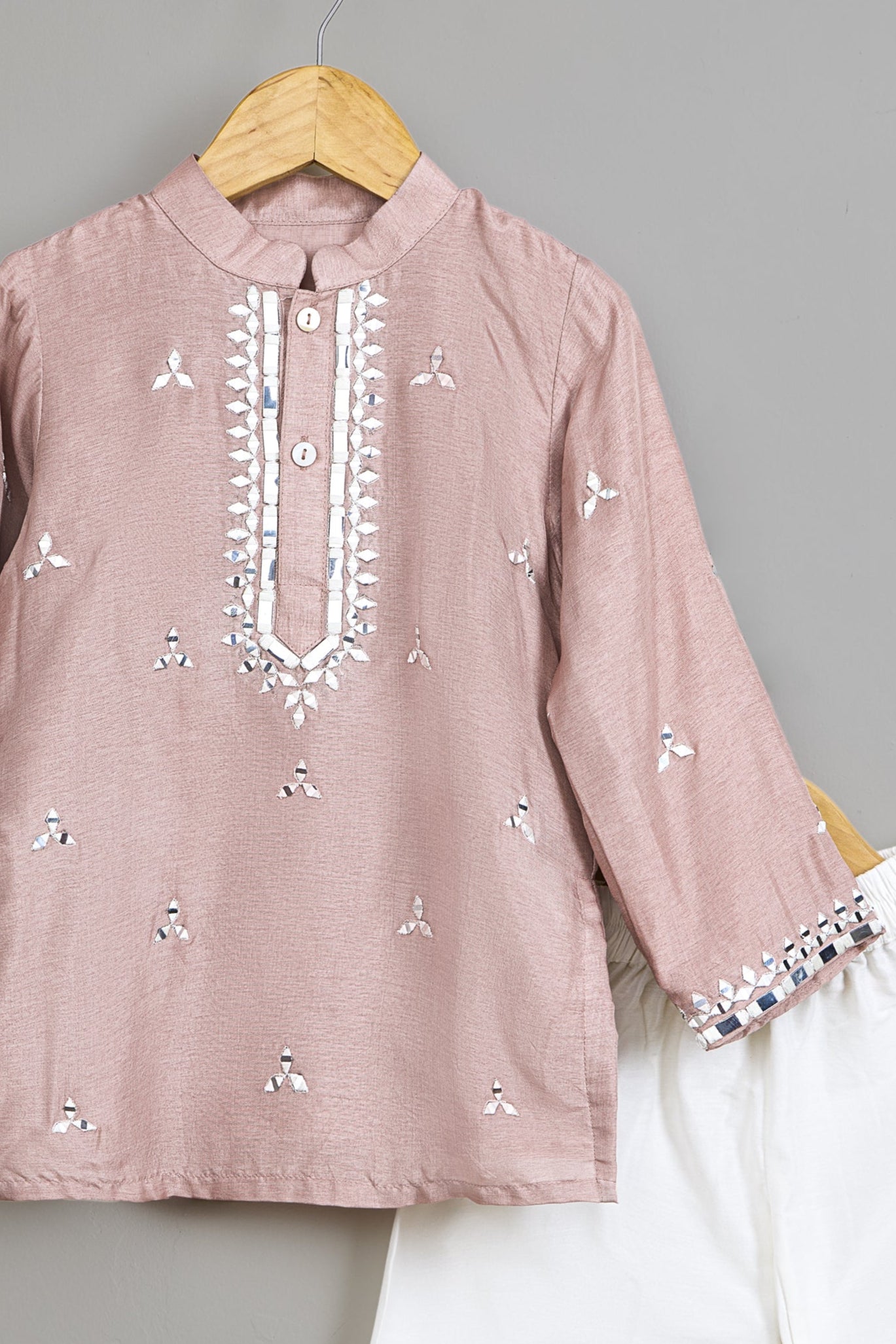 Faux Mirror Embroidered Pink Kurta With Pyjama